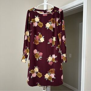 LOFT Burgundy Floral Long Sleeve Dress